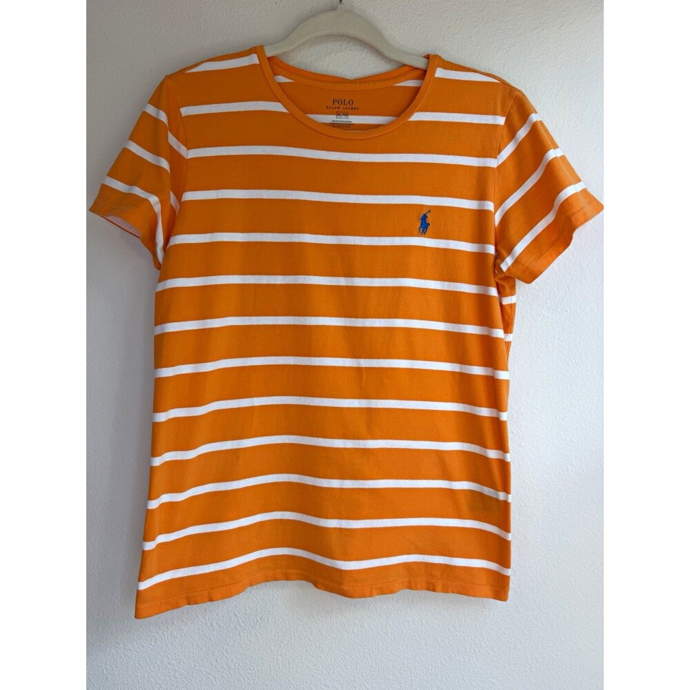 Polo Ralph Lauren Women's XL Orange White Striped Crew Neck Cotton Knit Tee